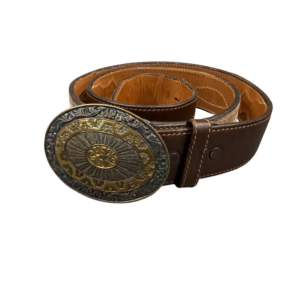 Kenny Rogers Belt Mens 36 Brown Brushed Leather Western Trophy Buckle Vintage